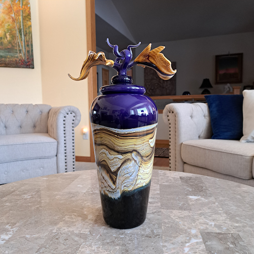 GBG-002 Covered Jar w/Avian Finial Amethyst $1215 at Hunter Wolff Gallery